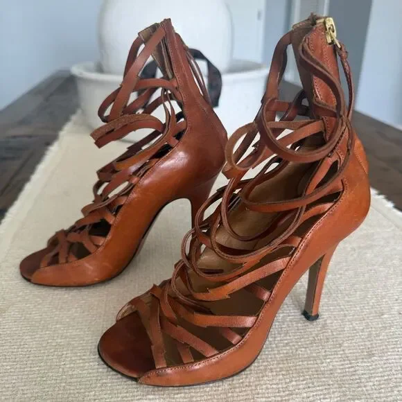 Isabel Marant Luxurious Designer Frye Strappy Brown Leather Heels Size 35 IT - Picture 3 of 9